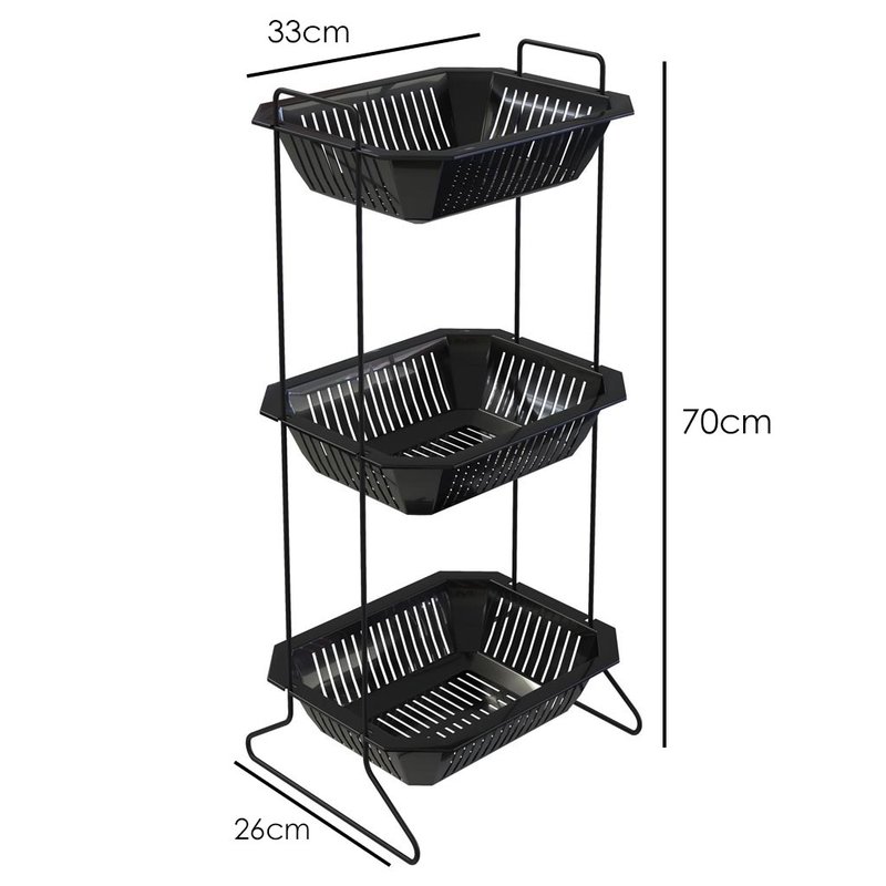 medidas fruteira organizador preto com cesto plastico 3 andares 40101p